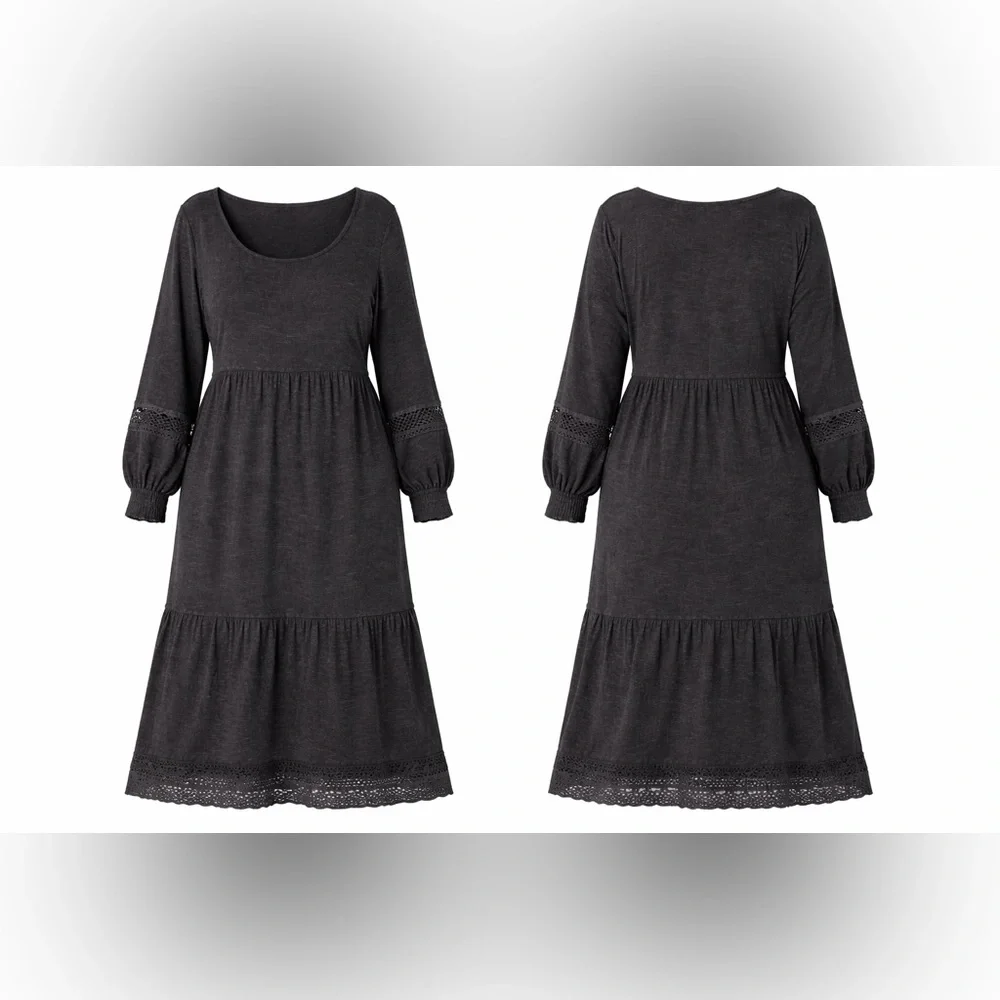 Canyon Retreat Washed Black Boho Midi Dress 1X | Tiered Hem Lace Trim - Picture 2 of 3